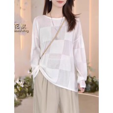 批发白色面膜t恤女士夏季2新款设计感<b class='q'>棋盘</b><b class='q'>格</b>薄款长袖防晒罩衫上衣