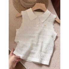 批发<b class='q'>白色</b>POLO领针织无袖<b class='q'>背心</b>女夏季新款法式气质别致百搭显瘦上衣