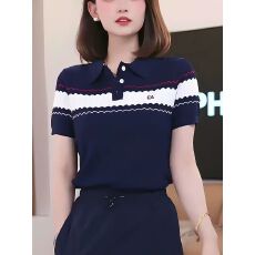 批发美式复古polo衫t恤女夏季穿搭穿搭条纹针织短袖修身显瘦高知上衣