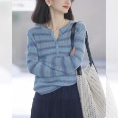 批发蓝色渐变条纹冰丝防晒长袖t恤女<b class='q'>夏</b>季外搭薄纱小个子宽松罩衫上衣