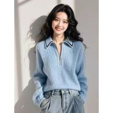 批发2025秋冬新款女翻领拉链<b class='q'>毛衣</b>宽松针织打底<b class='q'>羊绒</b>衫