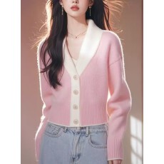 批发温柔风撞色拼接<b class='q'>羊绒</b><b class='q'>毛衣</b>女2025秋季新款轻奢甜美减龄针织开衫上衣