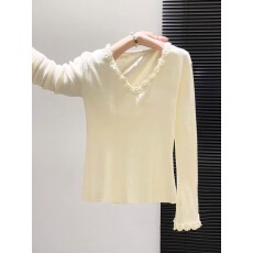 批发时尚V领花朵拼接长袖针织衫女秋季新款修身显瘦气质内搭打底上衣