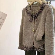 批发韩系格子蝴蝶结拼接毛衣女2025年春季季新款软糯马海毛<b class='q'>针织</b>短<b class='q'>外套</b>