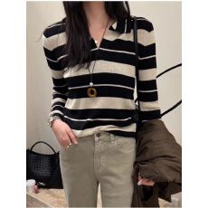 批发十三行2025秋季新款洋气百搭显瘦老钱风条纹套头长袖针织<b class='q'>衫</b>上衣女