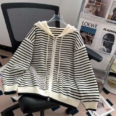 批发韩系条纹连帽拉链毛衣<b class='q'>卫衣</b>外套女秋外穿<b class='q'>宽松</b>慵懒百搭针织开衫上衣