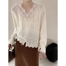 批发V领钉珠加厚羊毛<b class='q'>刺绣</b>钩花喇叭袖打底衫蕾丝<b class='q'>上衣</b>女