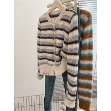 批发蕾丝拼接854条纹长袖针织毛衣开衫外套女秋冬新款设计感小众上衣