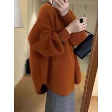 批发欧货高级感葡萄紫色浣熊绒毛衣女秋冬宽松慵懒风中长款针织衫内搭