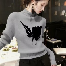 批发超好看卡其色半高领长袖毛衣2025秋冬新款小个子短款修身<b class='q'>印花</b>上衣