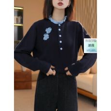 批发欧货高端藏青色木耳花边立体绣花半开扣毛衣针织衫女秋冬新款上衣
