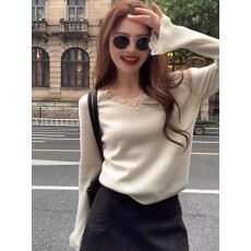 批发法式温柔风白色蕾丝V领针织衫女2025秋季新款内搭外穿打底衫毛衣