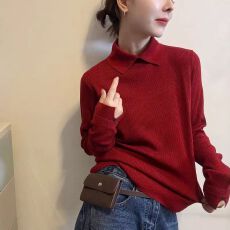 批发欧洲站2025秋季新款欧货简约纯色宽松套头Polo领羊毛针织打底衫女