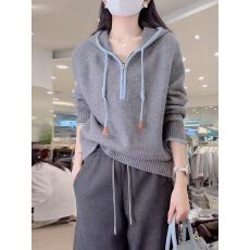 批发半拉链连帽长袖毛衣女2025新款秋冬慵懒风高级感针织开衫叠穿上衣
