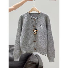 批发灰色小狗刺绣加绒长袖<b class='q'>针织</b><b class='q'>开衫</b>毛衣外套秋冬新款可外穿加厚上衣女