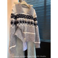 批发费尔岛菱形提花翻领毛衣<b class='q'>外套</b>女韩版2025秋冬新款宽松休闲针织开衫