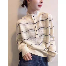 批发半开领设计感半高领长袖条纹蕾丝针织衫秋冬毛衣<b class='q'>上衣</b><b class='q'>欧根纱</b>打底衫