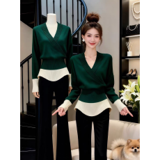 批发绿色拼接收腰V领针织衫女秋冬大码胖mm气质<b class='q'>休闲</b>好看内搭毛衣上衣