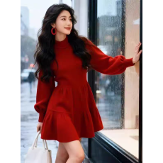 批发高级感红色针织<b class='q'>连衣裙</b>女秋冬大码胖mm韩版气质收腰显瘦<b class='q'>礼服</b>A字裙