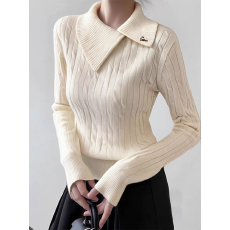 批发杏色不规则翻领麻花针织打底衫女秋冬<b class='q'>毛衣</b>内搭法式高级感<b class='q'>短款</b>上衣