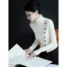 批发时尚温柔风白色高领<b class='q'>长袖</b>针织毛衣女冬季新款小众洋气百搭显瘦上衣