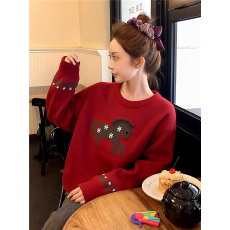 批发圣诞新年红色小马提花<b class='q'>毛</b>衣女2025冬季新款时尚设计感超好看上衣潮