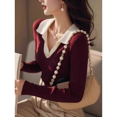 批发法式polo领针织打底<b class='q'>衫</b>女新款酒红色v领<b class='q'>毛</b>衣气质长袖上衣