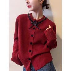 批发红色开衫<b class='q'>毛衣</b>女秋冬<b class='q'>新款</b>慵懒高级感减龄宽松显瘦蝴蝶结针织衫上衣