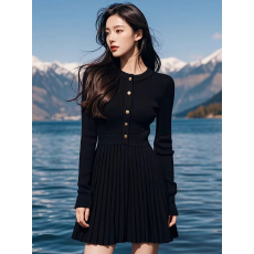 批发小个子法式黑色针织打底连衣裙子女<b class='q'>秋</b>冬季2025新款配大衣内搭短裙