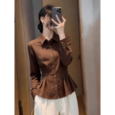 批发轻熟风polo领单排扣衬衫长袖女秋冬2025新款设计感掐腰单穿小上衣