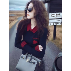 批发通勤风藏青色翻领长袖针织衫女2025秋冬新款爱心刺绣百搭套头毛衣