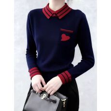 批发通勤风条纹翻领针织衫女2025秋冬季爱心刺绣百搭套头<b class='q'>毛衣</b>