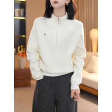 批发秋冬内搭<b class='q'>打底</b>白色华夫格半高领拉链宽松显瘦针织毛衣