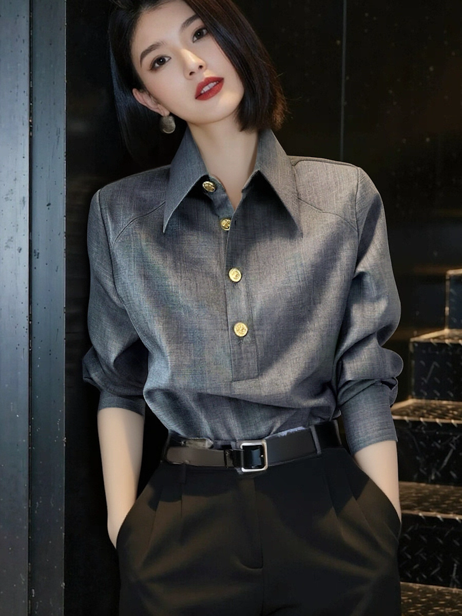 长袖衬衫女2025秋冬新款韩版宽松纯色翻领上衣高级感洋气衬衣外套