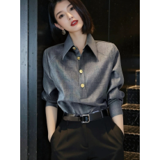 批发长袖衬衫女2025<b class='q'>秋</b>冬新款韩版宽松纯色翻领上衣高级感洋气衬衣外套