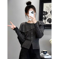 批发高端南油女装韩系穿搭灰色荷叶边<b class='q'>针织</b>衫2025秋款开叉下摆长袖上衣