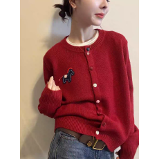 小马刺绣毛衣外套女2025冬季新款宽松慵懒风针织开衫上衣