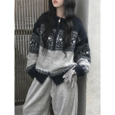 秋天日记 费尔岛雪花针织拉链衫 温柔软糯复古休闲宽松毛衣外套