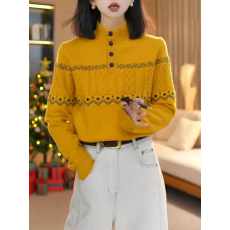 黄色半高领提花毛衣女秋冬针织内搭2025新款慵懒减龄宽松打底上衣