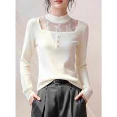 批发法式浪漫风蕾丝镂空拼接半高圆领针织衫女<b class='q'>修身</b>显瘦纽扣打底衫上衣