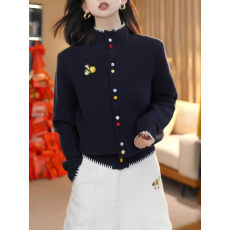 批发华夫格撞色彩扣毛衣针织开衫女士<b class='q'>秋</b>冬季新款休闲时尚好看百搭上衣