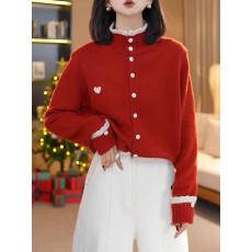 批发<b class='q'>秋</b>冬2026新款洋气减龄韩系上衣红色假两件爱心刺绣长袖针织开衫女