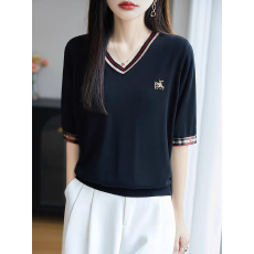 批发<b class='q'>英伦</b><b class='q'>风</b>格纹拼接短袖女时尚V领休闲天丝莱赛尔夏轻薄宽松外穿T恤衫