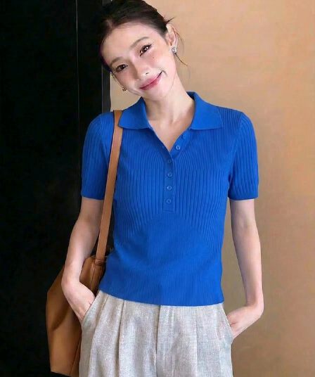 여름 새로운 톰 글 래 원인 블루 질감 센스 니트 스웨터 POLO 칼라 몸매 가꾸기 털 셔츠 짧은 여성