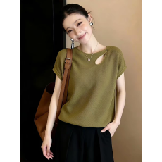 批发欧洲站早秋款纯色镂空圆领冰麻针织衫百搭宽松<b class='q'>打底衫</b><b class='q'>女</b>