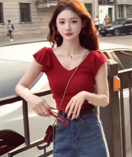 프랑스식 고급 센스 빨간색 Feifei 소매 맨위 여성 여름 새로운 얼음 실크 니트 반팔 디자인 센스 작은 대중