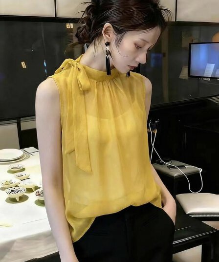 프랑스식 황색 외국 가스 민소매 조끼 셔츠 여성 의류 여름 새로운 고유 한 루즈핏 슬림해 보이는 쉬폰 톱