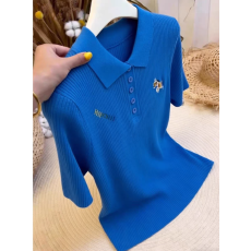 批发蓝色彩虹小马正肩短袖针织女<b class='q'>夏季</b>新款韩系减龄polo领休闲针织上衣