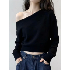 批发法式气质时髦设计感2026春季新款独特巨好看黑色斜肩长袖上衣女装