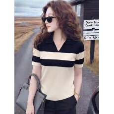 批发Polo领针织条纹t恤女高级感胖mm夏圆领女士打底衫拼色内搭上衣